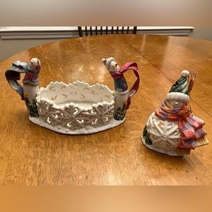Ganz 2 piece snowman ceramic dish. Tea light holder Christmas Holiday
